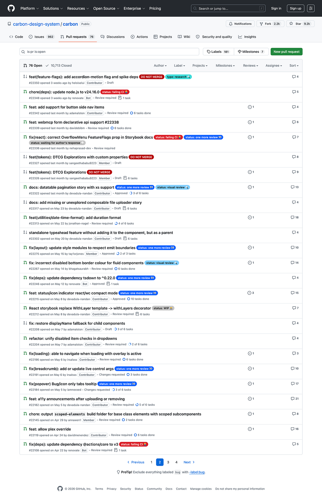 Screenshot of the open pull request list for IBM’s Carbon design system on GitHub, page 2 of 4, showing 76 open contributions in various states. Several are tagged “status: one more review,” indicating they are waiting on a single human reviewer before they can be merged into the library.