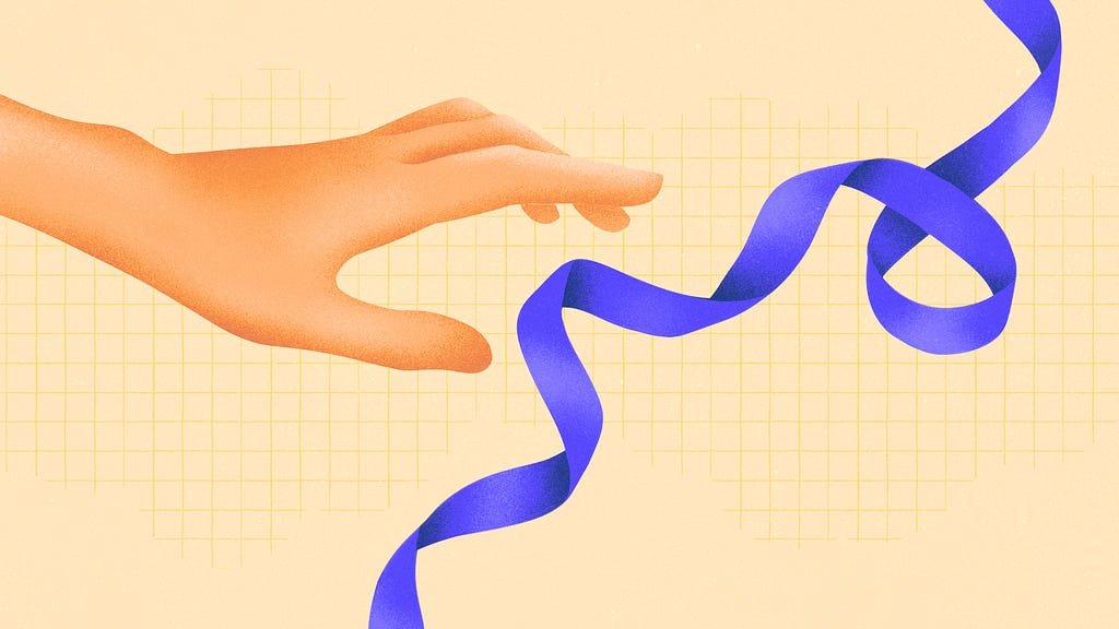 Illustration of a hand reaching for a twirling ribbon.