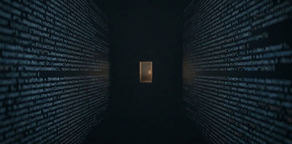A cinematic, moody, high-end editorial shot with a 2:1 aspect ratio. The background is a vast, dark, out-of-focus wall of monospaced code that reads as abstract, cool blue-grey texture. In the center distance, a small, unreachable, door-shaped rectangle of warm amber light stands out against the darkness.