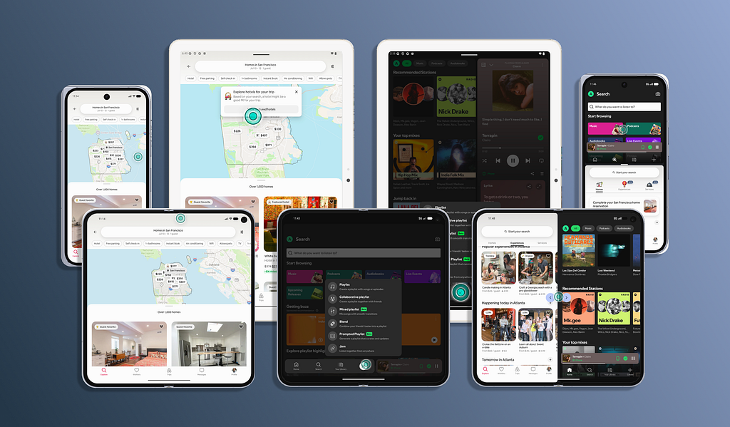 Adaptive app examples from Airbnb and Spotify across form factors