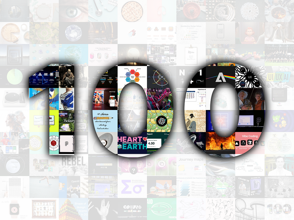One hundred design articles, each a small act of thinking: a growing archive of ideas, experiments, doubts, and discoveries, made in the shadow of AI. (image source: Yeo)