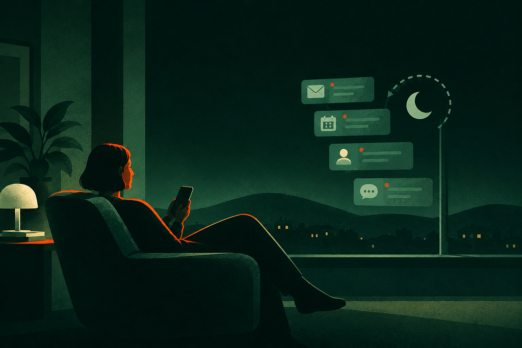 A woman checking her notification. Concept of AI filtering the information reaching us, shaping the economics of human attention. AI-generated visual, Aurélie Radom ©