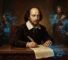 An Elizabethan oil portrait of William Shakespeare at a writing desk with a quill, his eyes faintly glowing blue; behind him loom the shadowy figures of his characters, and the handwriting on his manuscript dissolves into glowing blue computer code.