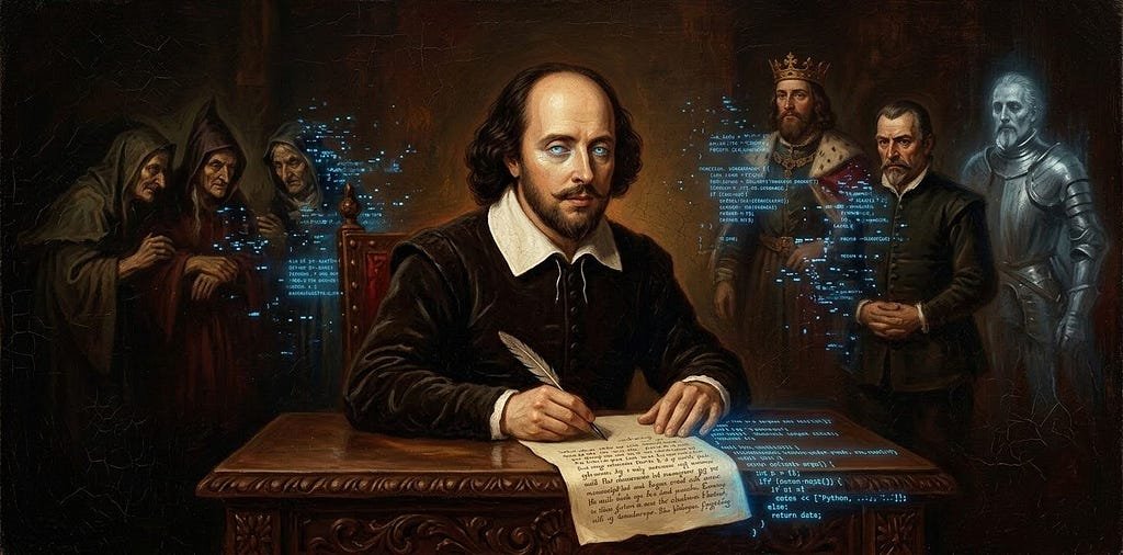 An Elizabethan oil portrait of William Shakespeare at a writing desk with a quill, his eyes faintly glowing blue; behind him loom the shadowy figures of his characters, and the handwriting on his manuscript dissolves into glowing blue computer code.
