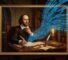 A classic Elizabethan oil portrait of William Shakespeare at his writing desk, his quill fallen from his hand, watching with quiet alarm as glowing blue characters and lines of code lift off his manuscript and stream past the edges of the painting; behind him, the faint figures of his characters, witches, a crowned king, a hooded ghost, a robed magician with a broken staff, dissolve into the same escaping blue light.