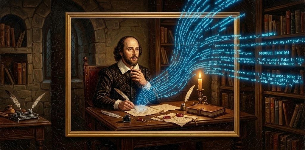 A classic Elizabethan oil portrait of William Shakespeare at his writing desk, his quill fallen from his hand, watching with quiet alarm as glowing blue characters and lines of code lift off his manuscript and stream past the edges of the painting; behind him, the faint figures of his characters, witches, a crowned king, a hooded ghost, a robed magician with a broken staff, dissolve into the same escaping blue light.