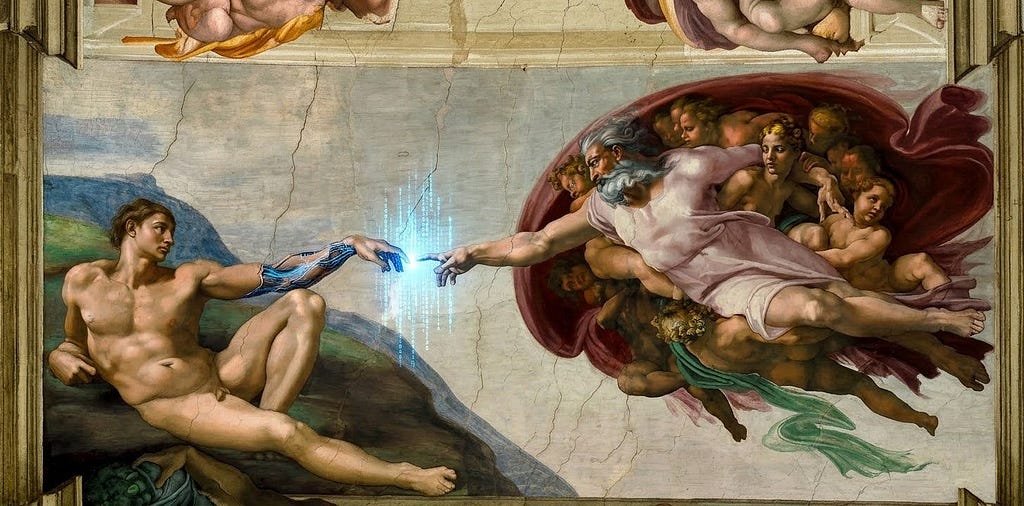 A recreation of Michelangelo’s “The Creation of Adam” in Sistine Chapel fresco style. God reaches out with an ordinary human hand; Adam reaches back with a hand that turns to glowing circuitry at the wrist, and the spark leaping between their fingertips is rendered as cold screen-light rather than divine radiance.