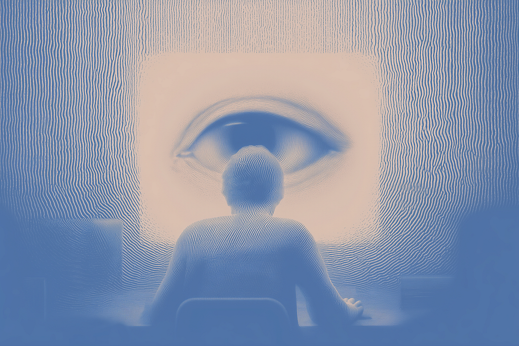 A person seen from behind, seated at a desk in front of a screen that is filled by one enormous eye looking back at them. The whole scene is drawn in fine wavy contour lines, a blue figure against a pale cream ground.