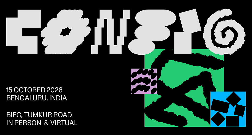 Official Config India 2026 poster featuring large, abstract white lettering on a black background, with colourful geometric shapes in green, blue and purple. Event details appear in white text at the bottom left.