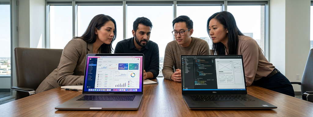 A product team weighs a purchased tool against an internal build at the same table.