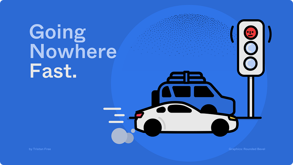 White sports car, trailing speed lines and dust, has raced up to a red traffic light.
