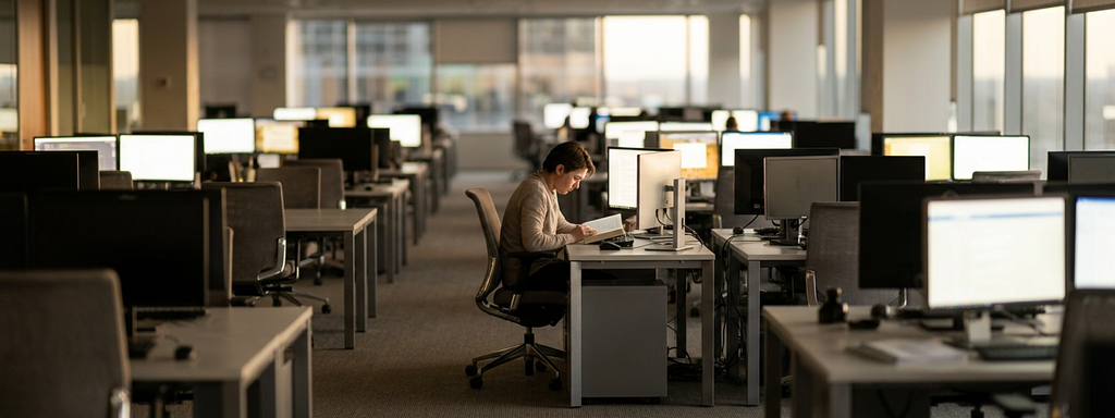 A wide office floor where one person reads at a desk while dozens of screens around them keep filling with new work.