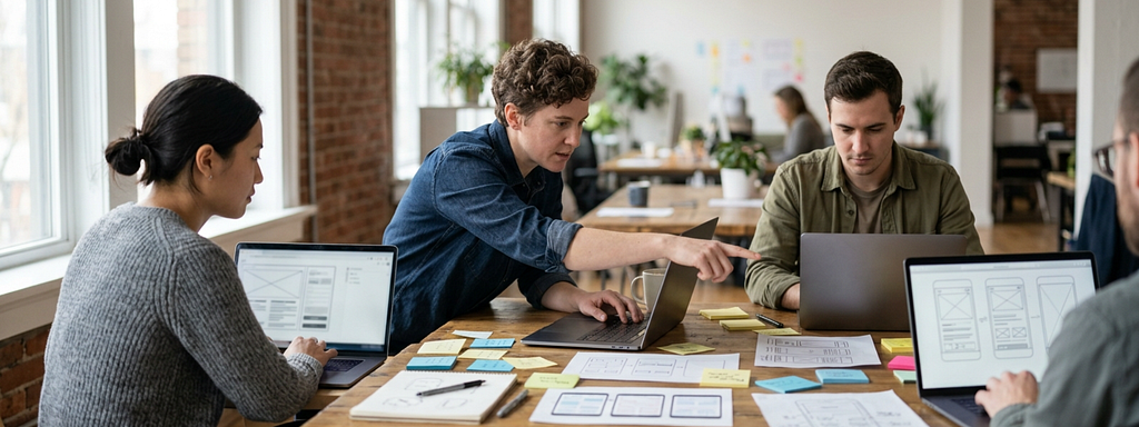 A design lead works on a screen alongside two designers at a shared table. AI assisted.