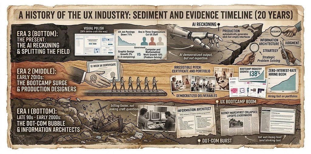 A layered, aged archival collage showing three overlapping eras of the design profession stacked like sediment, faded late-1990s office textures at the bottom, mid-2010s training-era textures in the middle, and present-day screen textures at the top, in muted sepia and newsprint tones.