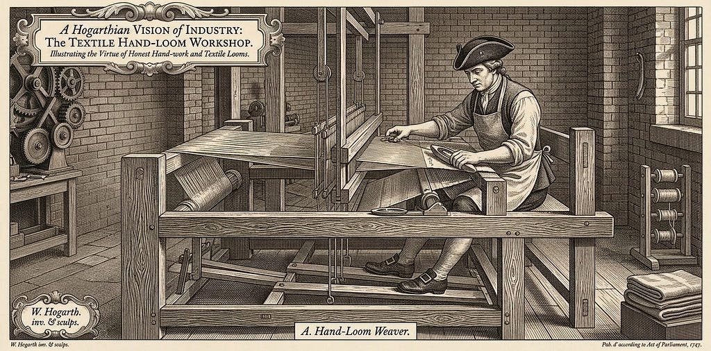 A period engraving of a weaver working at a large wooden hand loom in a workshop, operating it by hand.